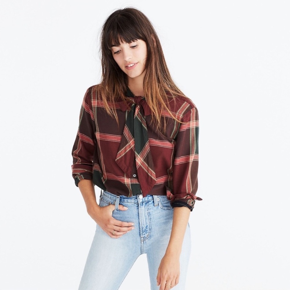 Madewell Plaid Tie-Neck Shirt Brown/Plum Cranberry